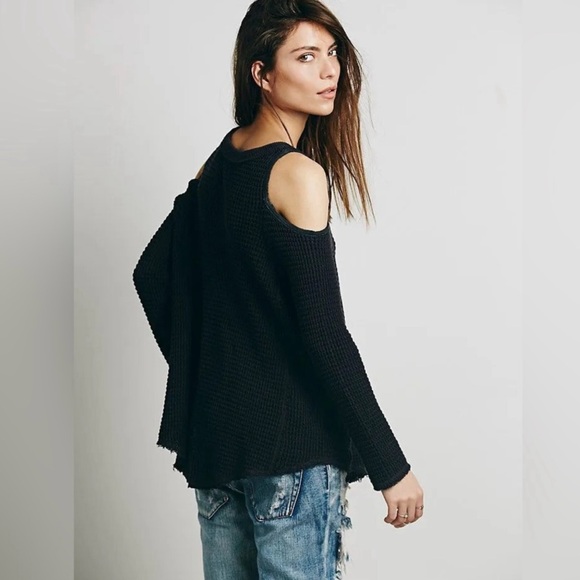 Free People Charcoal Black Cold Shoulder Sweater - Picture 1 of 8